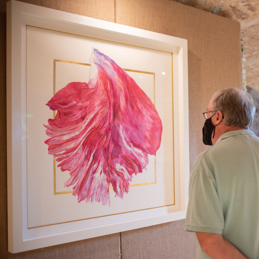 Photo of a member of the public viewing 'The Talker', an art peice from Jess Pritchard's Confetti Collection